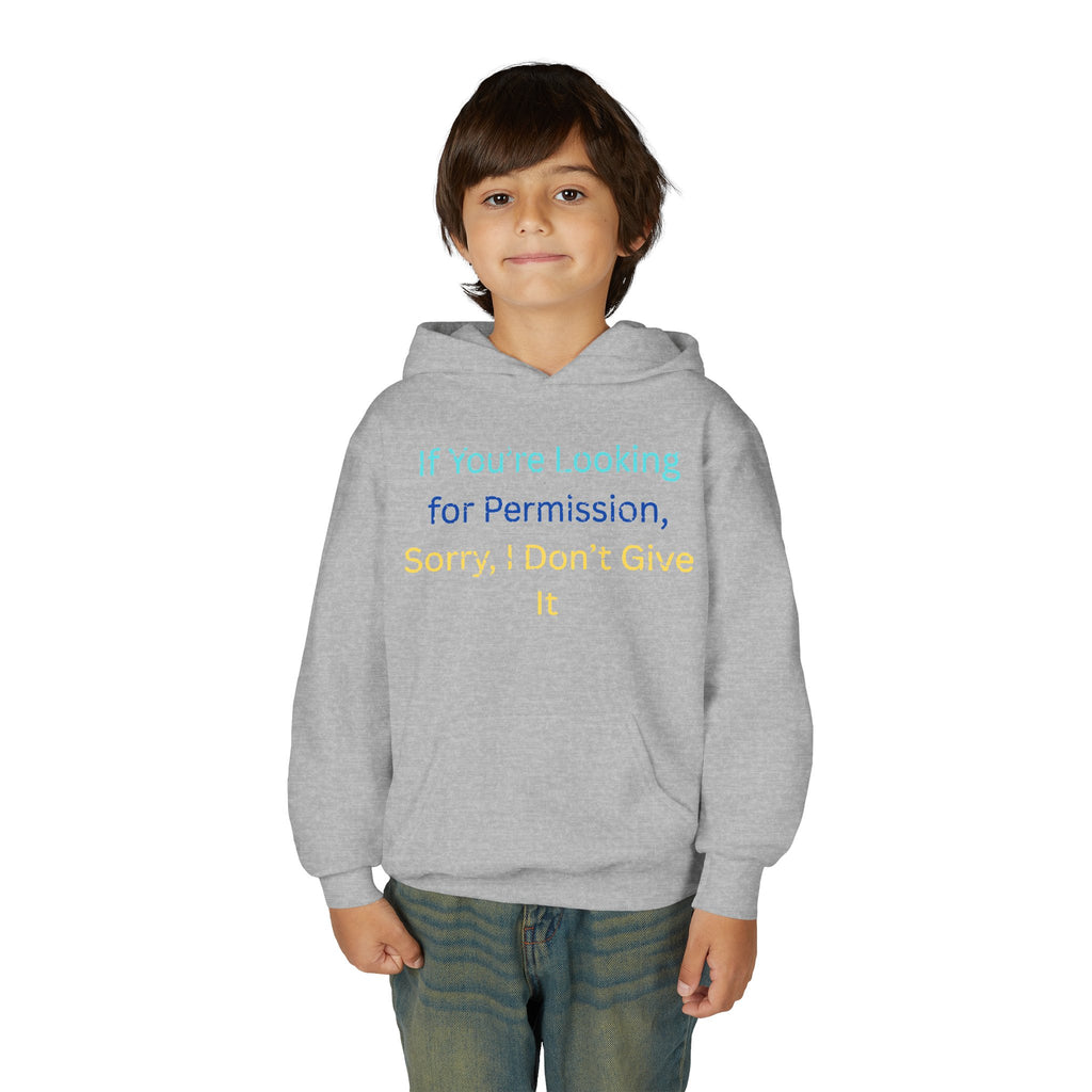 Youth Hoodie – "If You’re Looking for Permission, Sorry I Don’t Give It" Pastel Text