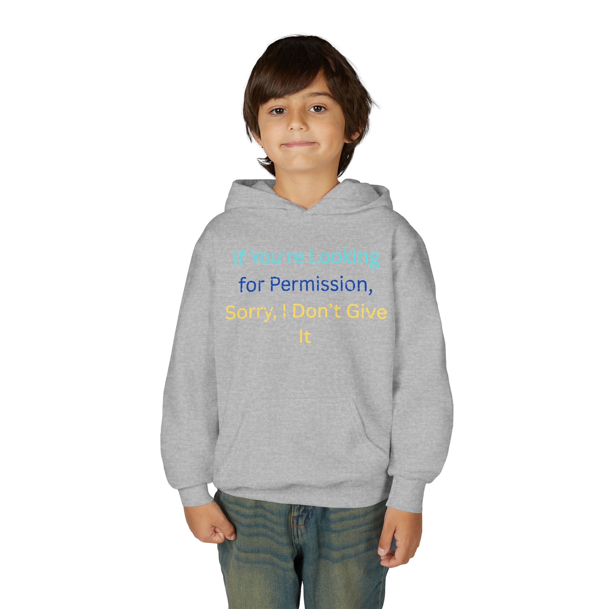 Youth Hoodie – "If You’re Looking for Permission, Sorry I Don’t Give It" Pastel Text
