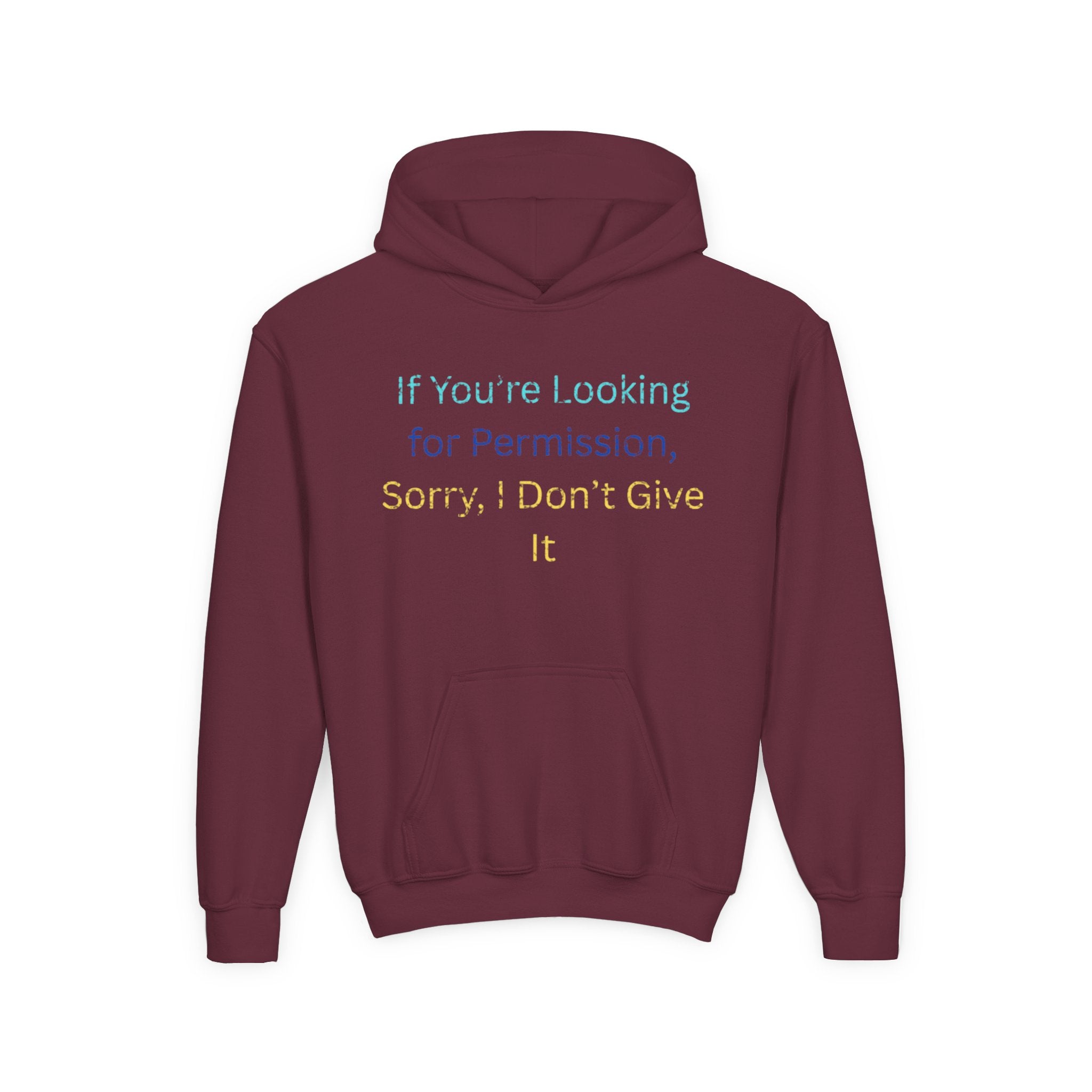 Youth Hoodie – "If You’re Looking for Permission, Sorry I Don’t Give It" Pastel Text
