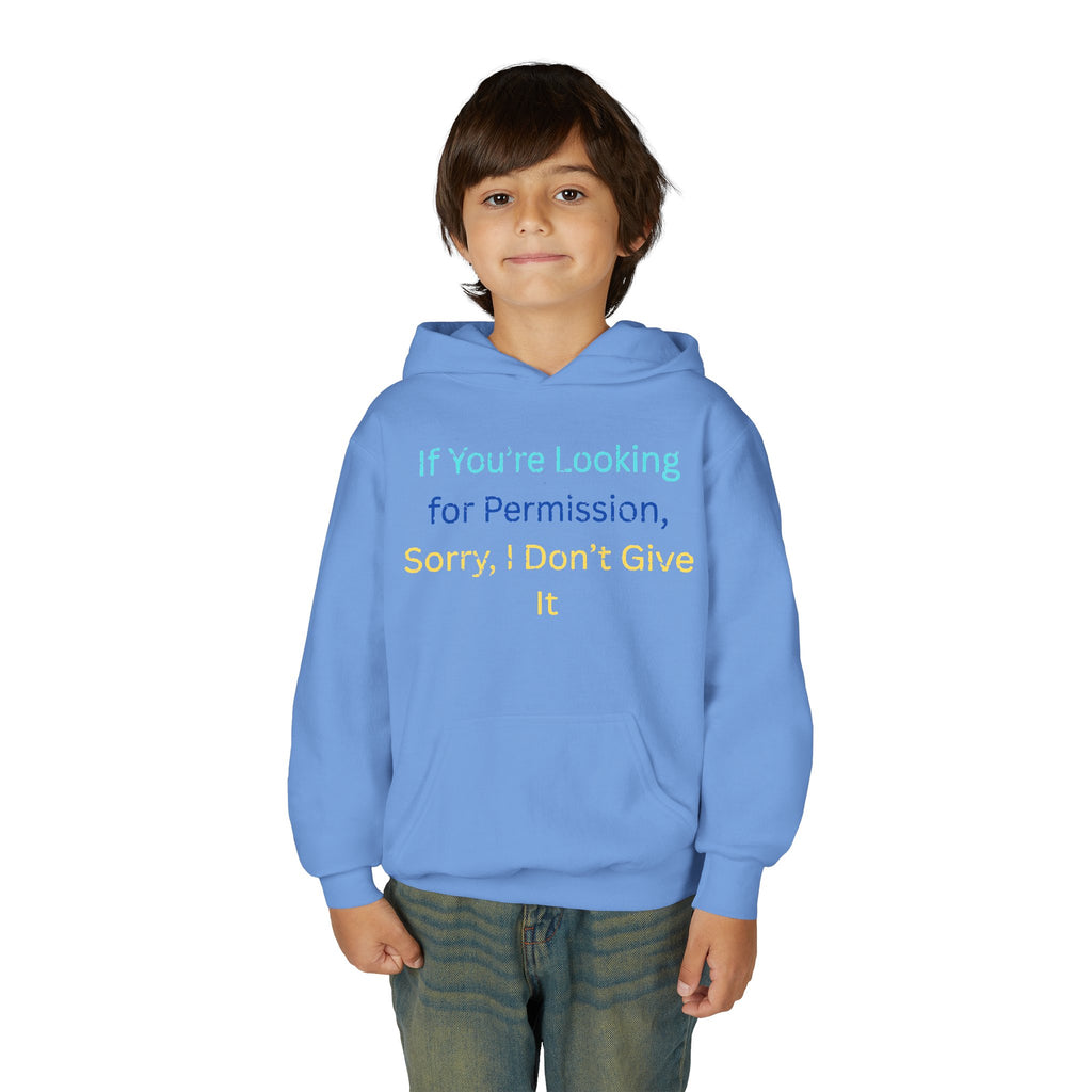 Youth Hoodie – "If You’re Looking for Permission, Sorry I Don’t Give It" Pastel Text
