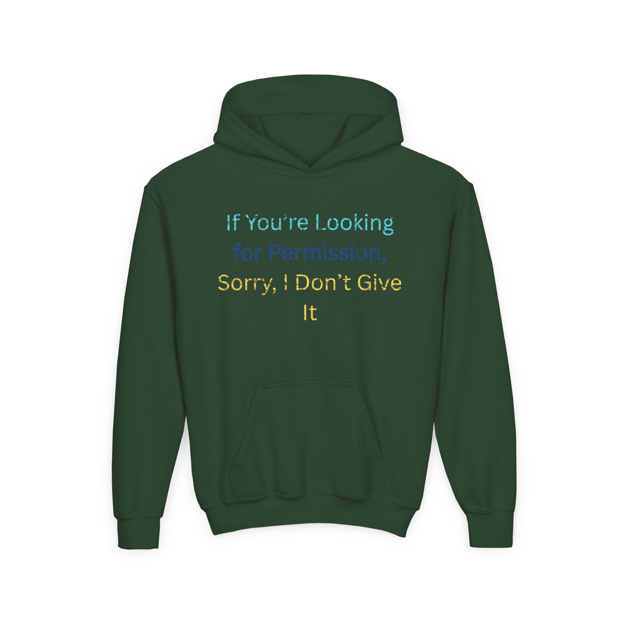 Youth Hoodie – "If You’re Looking for Permission, Sorry I Don’t Give It" Pastel Text