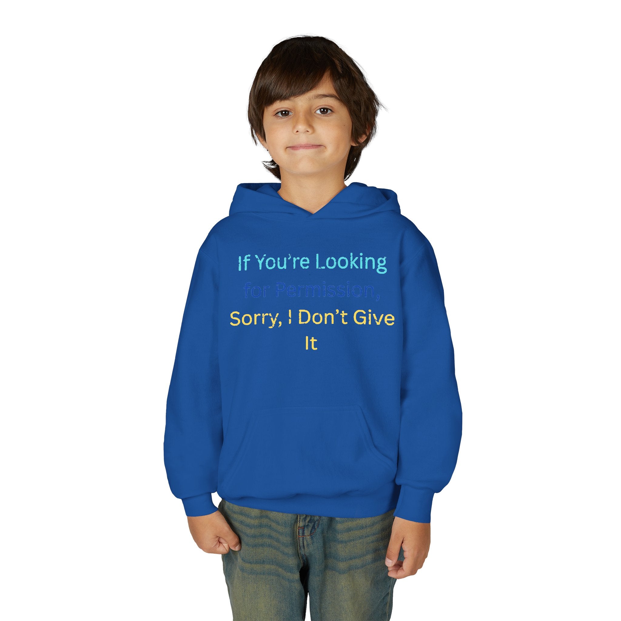 Youth Hoodie – "If You’re Looking for Permission, Sorry I Don’t Give It" Pastel Text