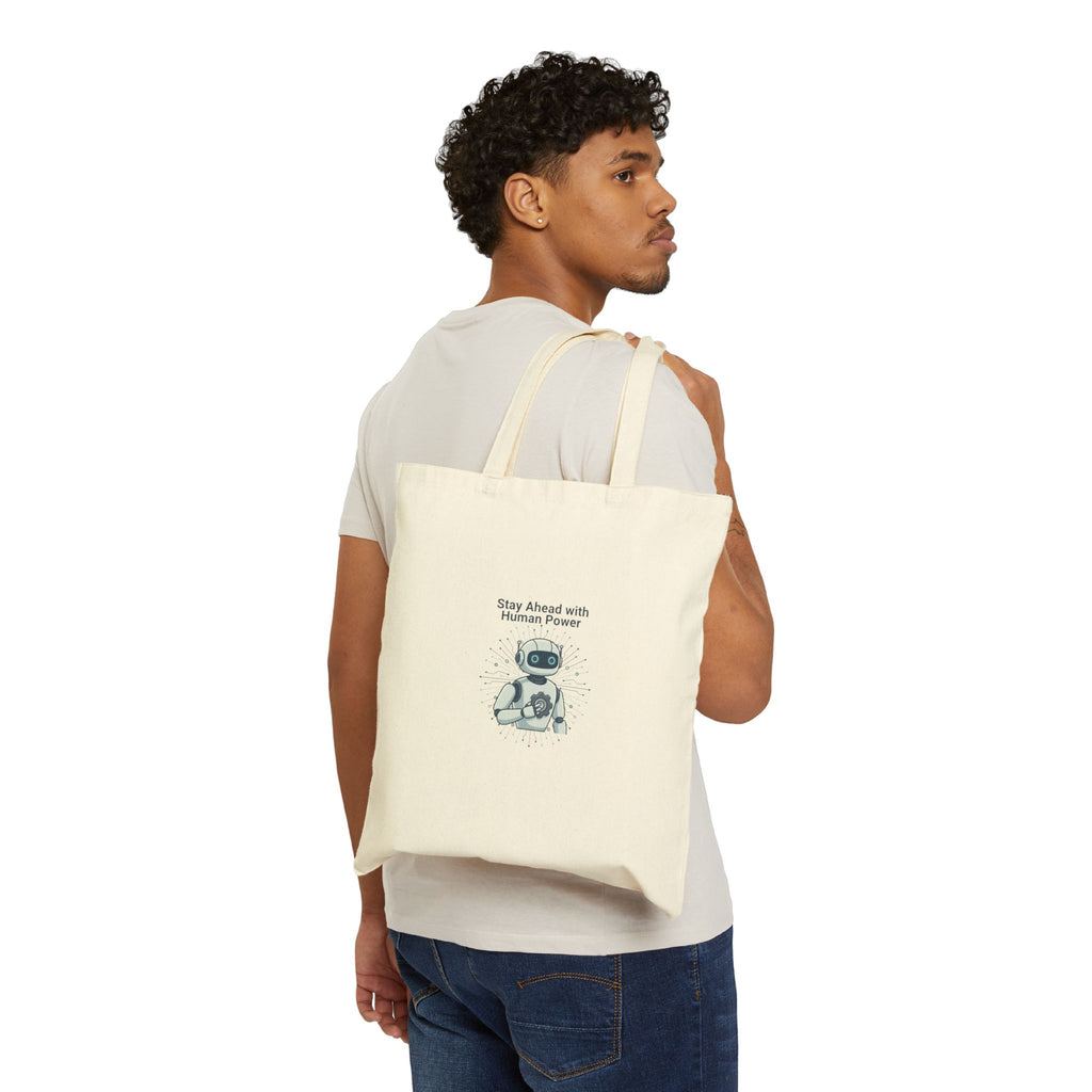 Robot Illustration Tote Bag - "Stay Ahead with Human Power" Cotton Canvas Grocery & Book Bag