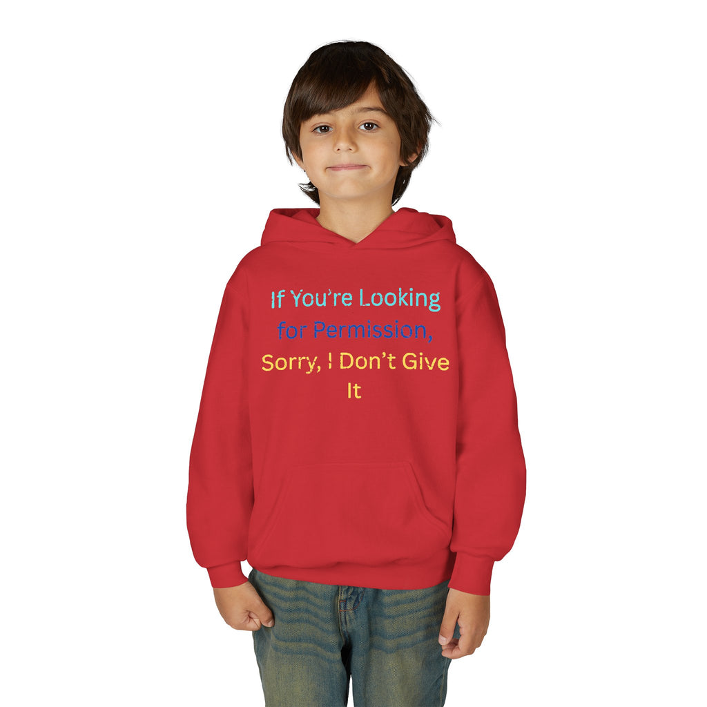 Youth Hoodie – "If You’re Looking for Permission, Sorry I Don’t Give It" Pastel Text
