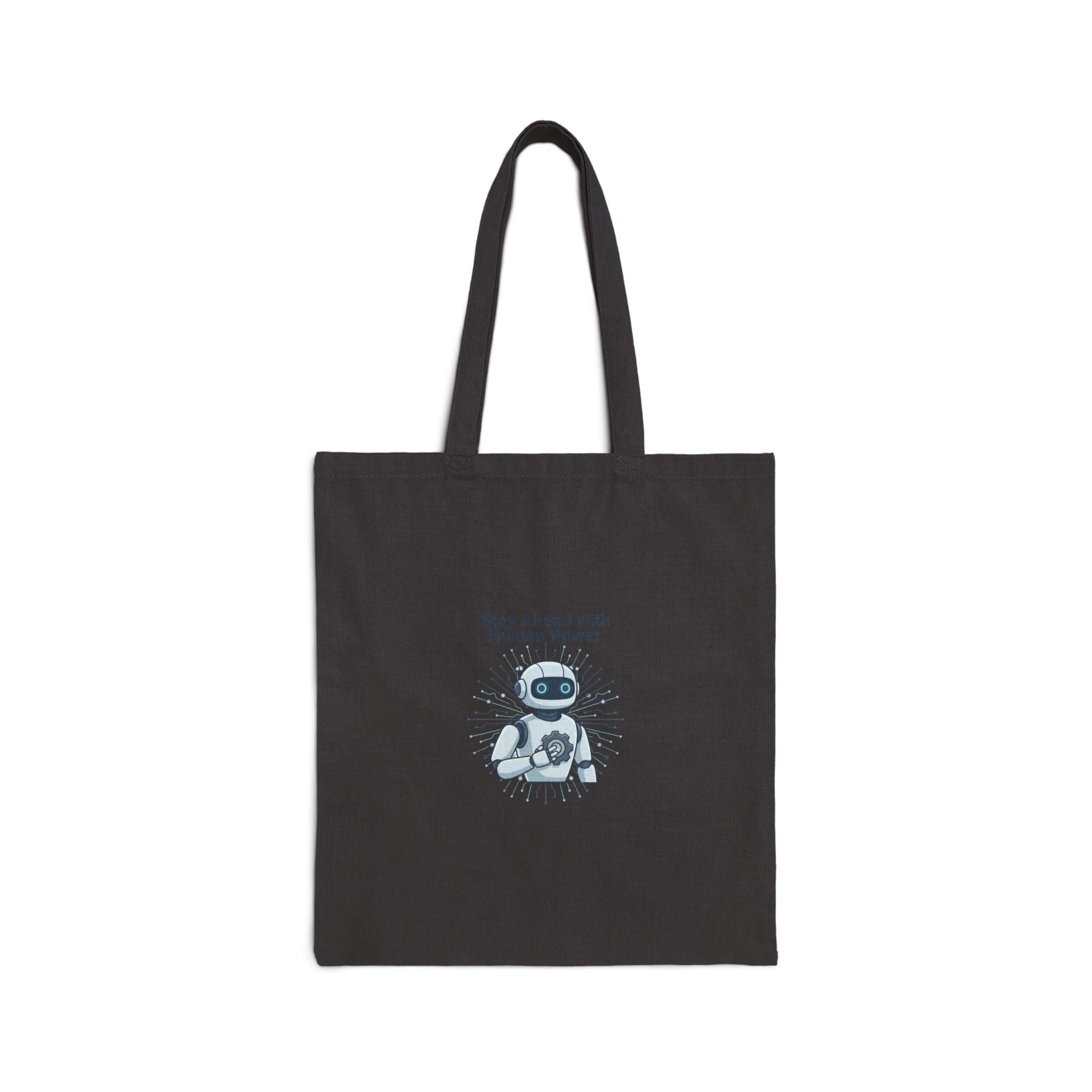 Robot Illustration Tote Bag - "Stay Ahead with Human Power" Cotton Canvas Grocery & Book Bag