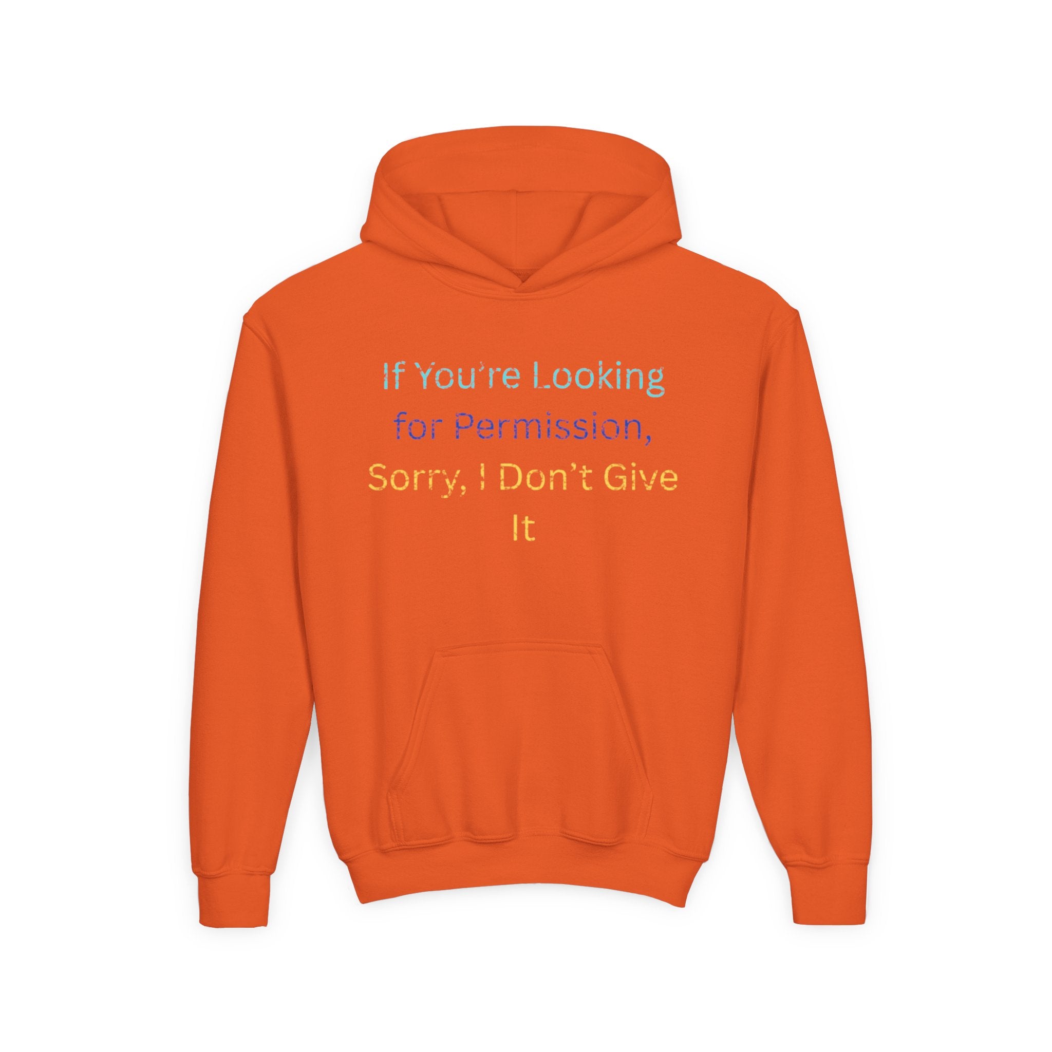 Youth Hoodie – "If You’re Looking for Permission, Sorry I Don’t Give It" Pastel Text