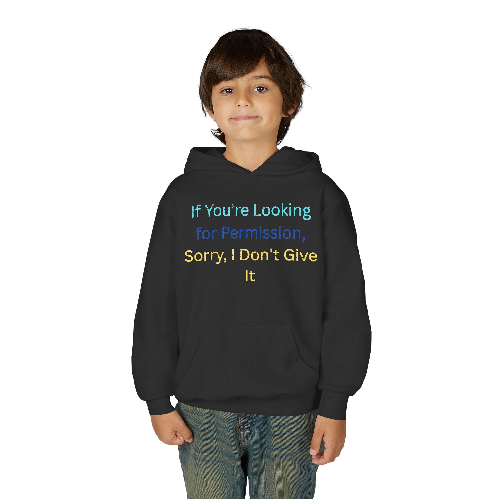 Youth Hoodie – "If You’re Looking for Permission, Sorry I Don’t Give It" Pastel Text