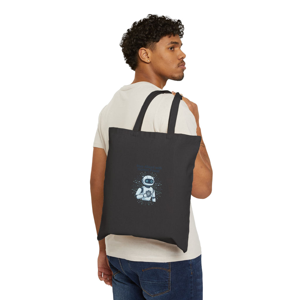 Robot Illustration Tote Bag - "Stay Ahead with Human Power" Cotton Canvas Grocery & Book Bag