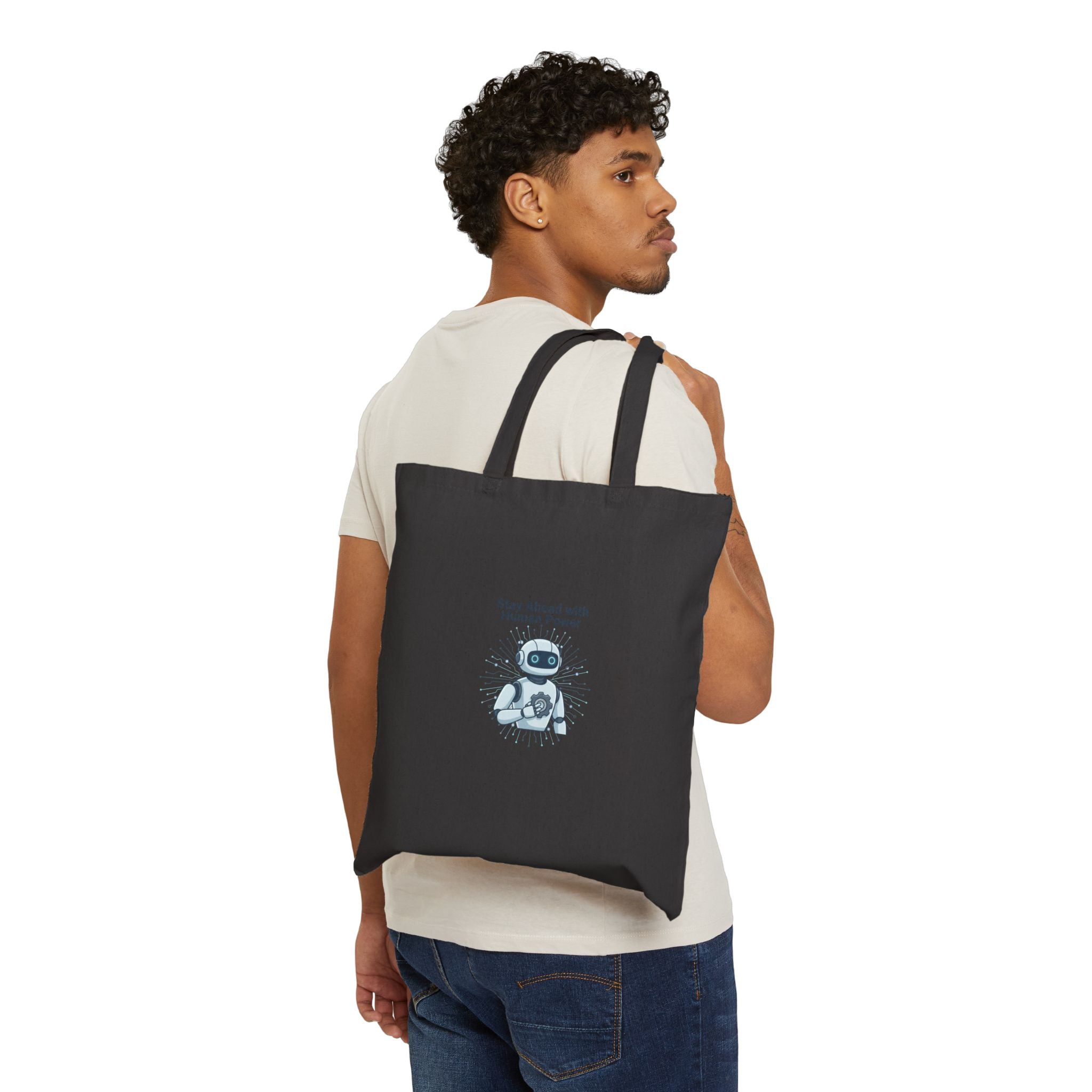 Robot Illustration Tote Bag - "Stay Ahead with Human Power" Cotton Canvas Grocery & Book Bag