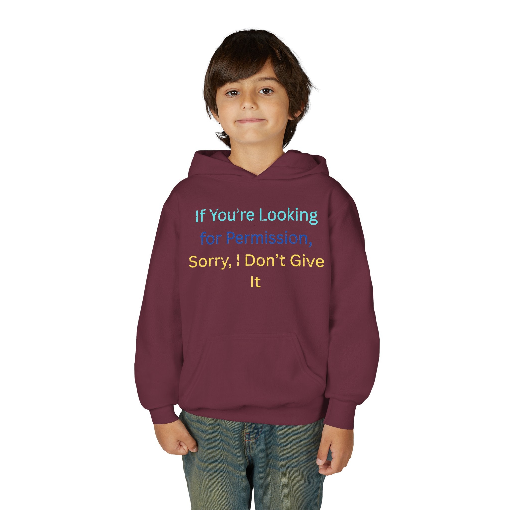 Youth Hoodie – "If You’re Looking for Permission, Sorry I Don’t Give It" Pastel Text