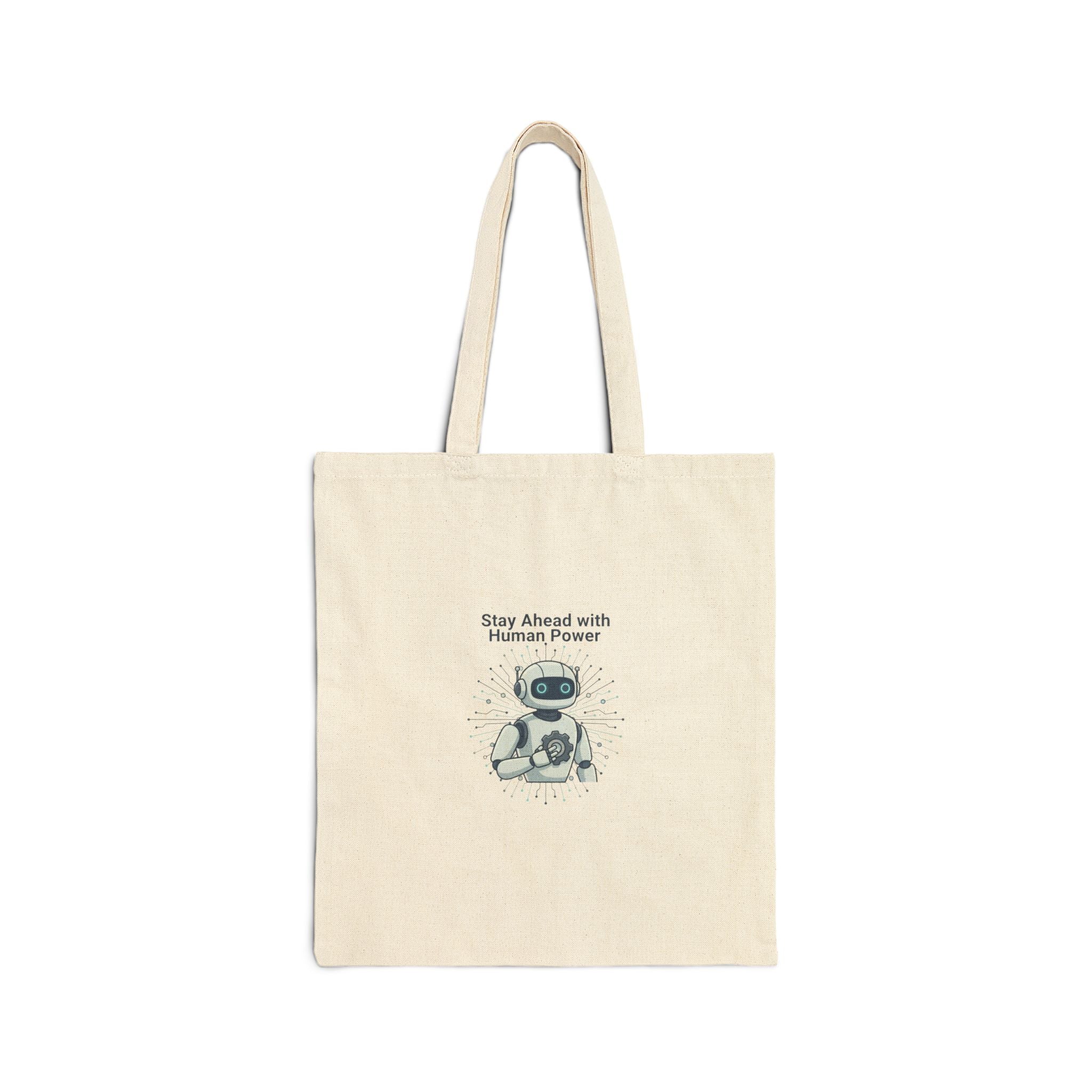 Robot Illustration Tote Bag - "Stay Ahead with Human Power" Cotton Canvas Grocery & Book Bag