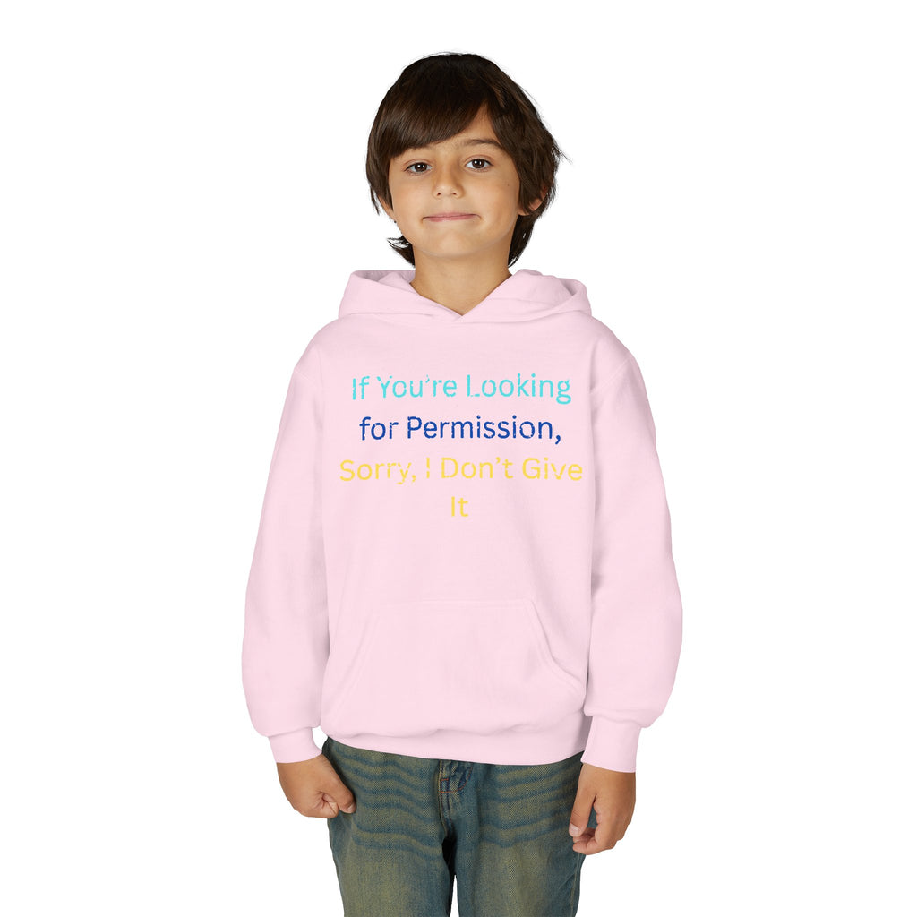 Youth Hoodie – "If You’re Looking for Permission, Sorry I Don’t Give It" Pastel Text