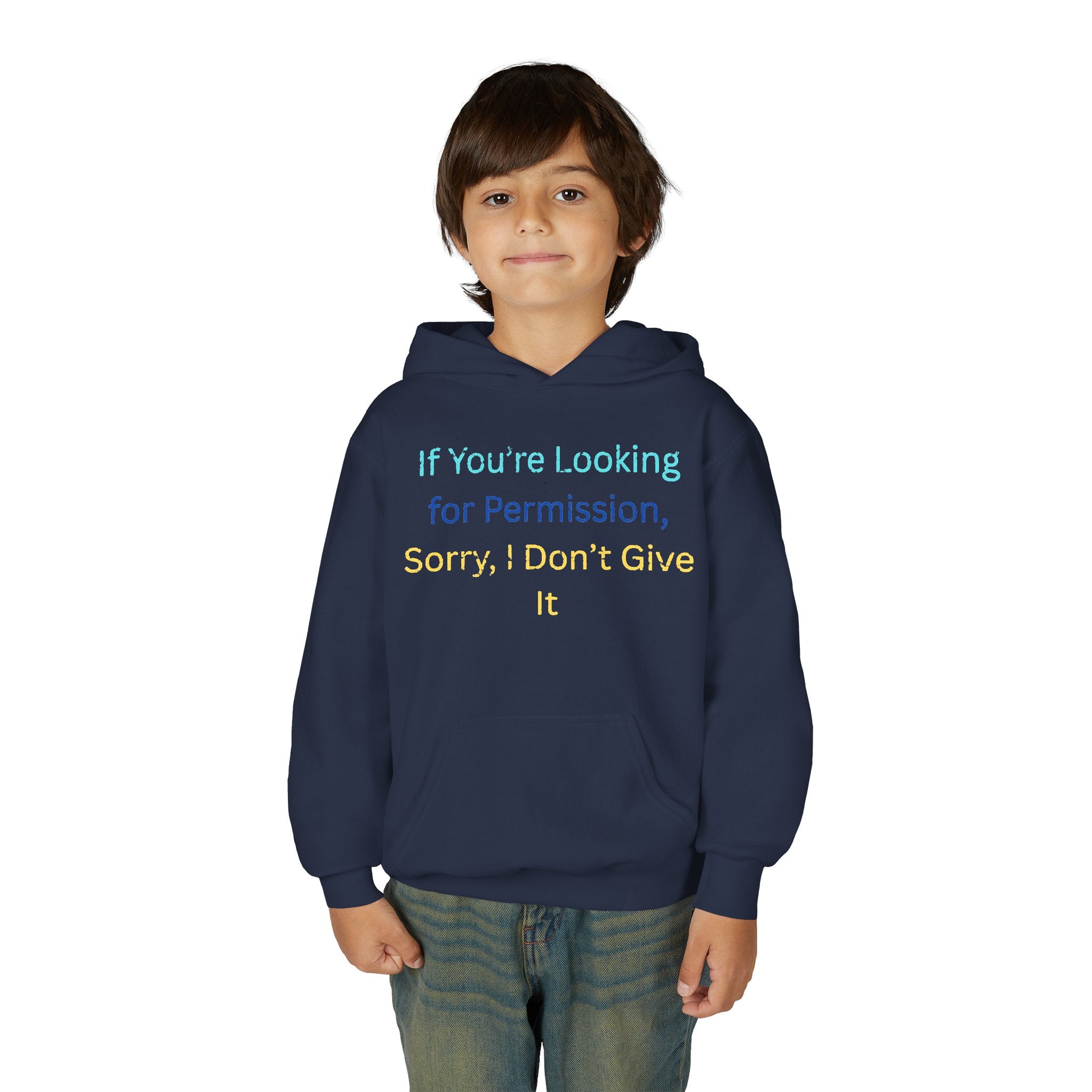 Youth Hoodie – "If You’re Looking for Permission, Sorry I Don’t Give It" Pastel Text