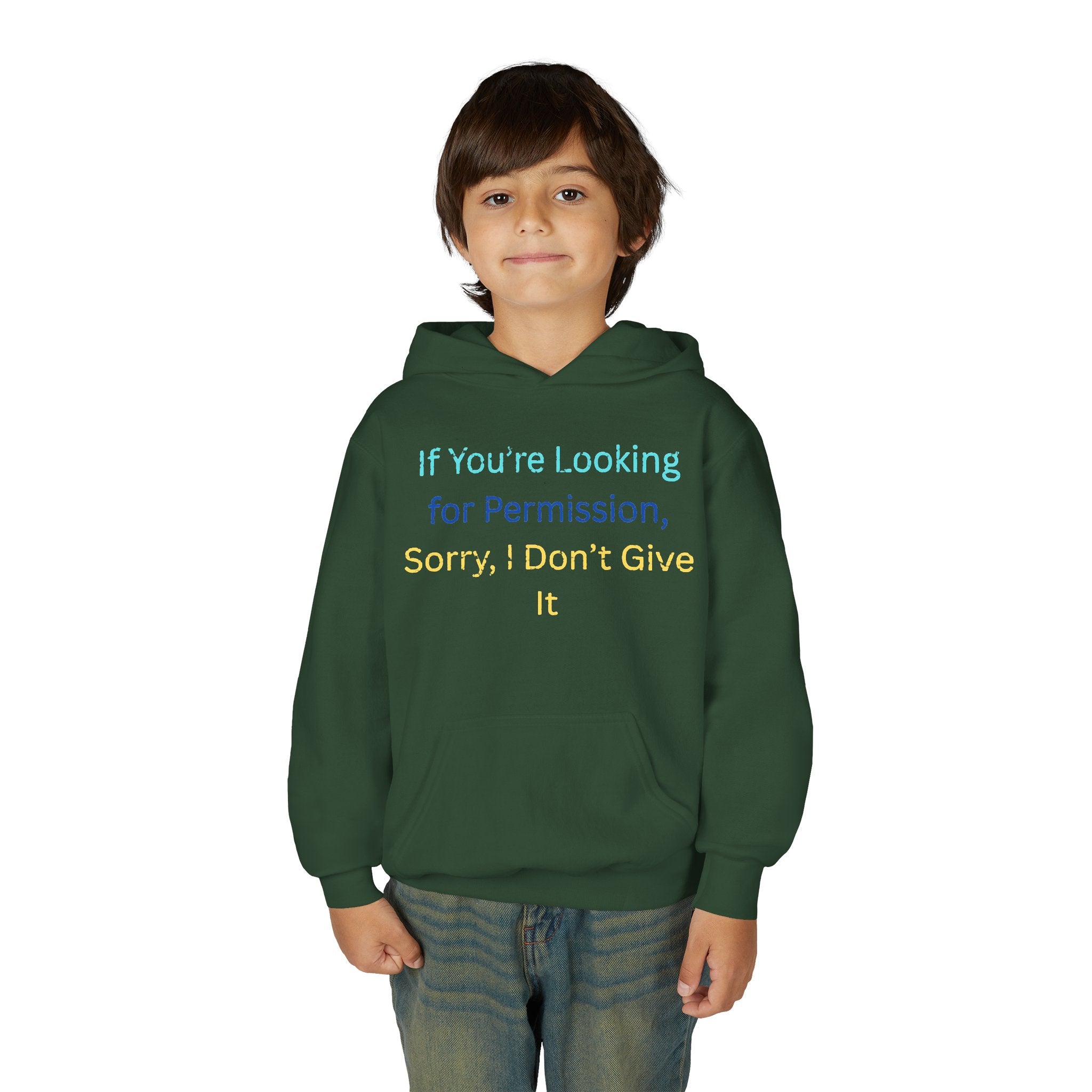 Youth Hoodie – "If You’re Looking for Permission, Sorry I Don’t Give It" Pastel Text