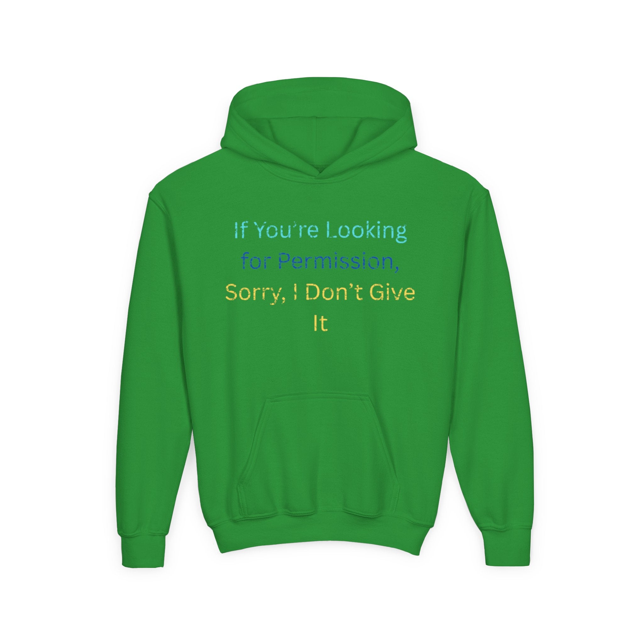 Youth Hoodie – "If You’re Looking for Permission, Sorry I Don’t Give It" Pastel Text