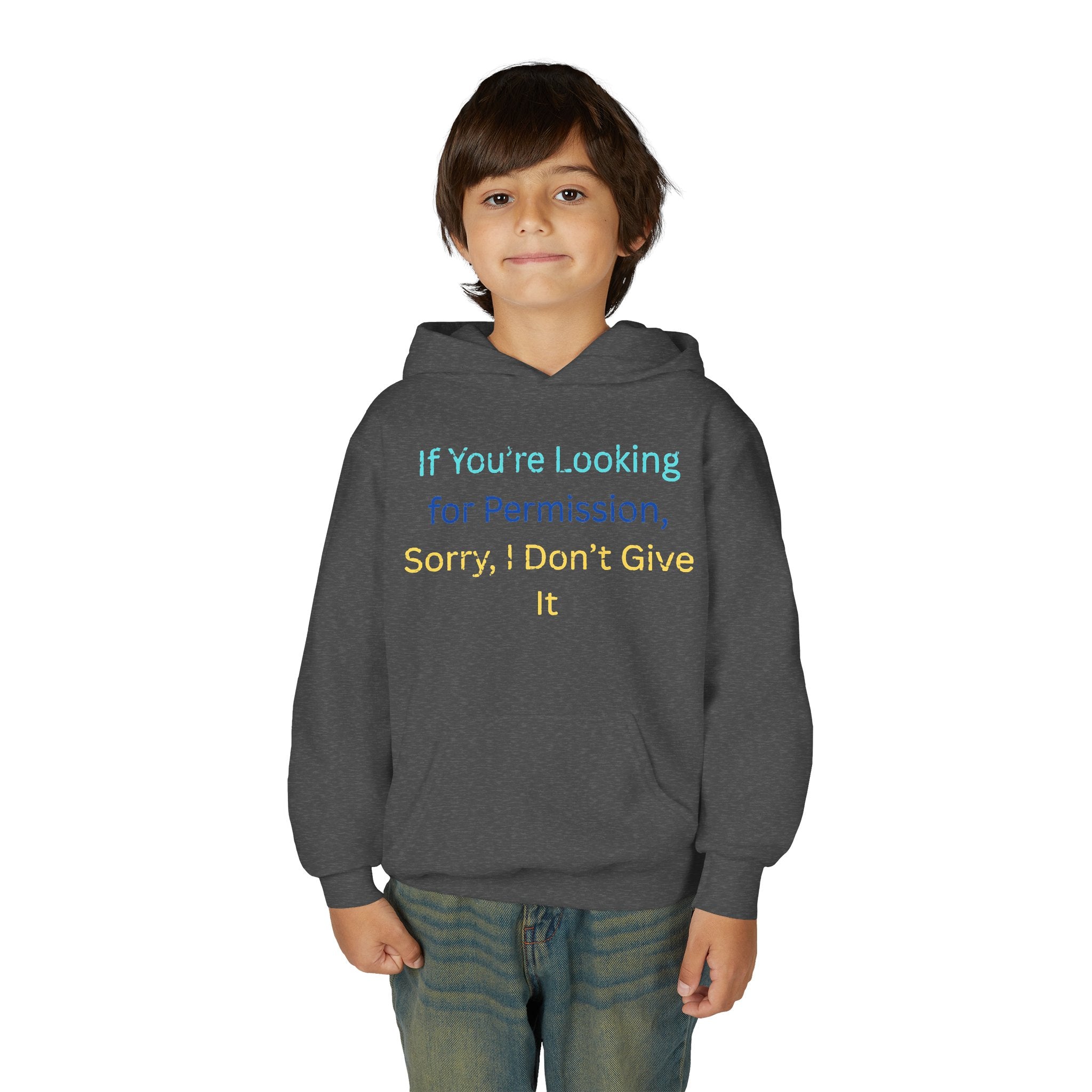 Youth Hoodie – "If You’re Looking for Permission, Sorry I Don’t Give It" Pastel Text