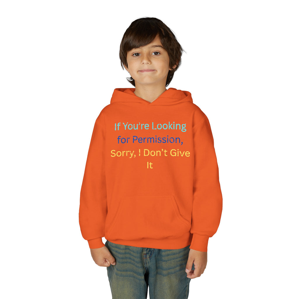 Youth Hoodie – "If You’re Looking for Permission, Sorry I Don’t Give It" Pastel Text